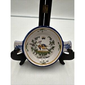 Alfred RENOLEAU  Small Faience Dish Angoulême Bird Decoration 6.25”x4.5” Signed